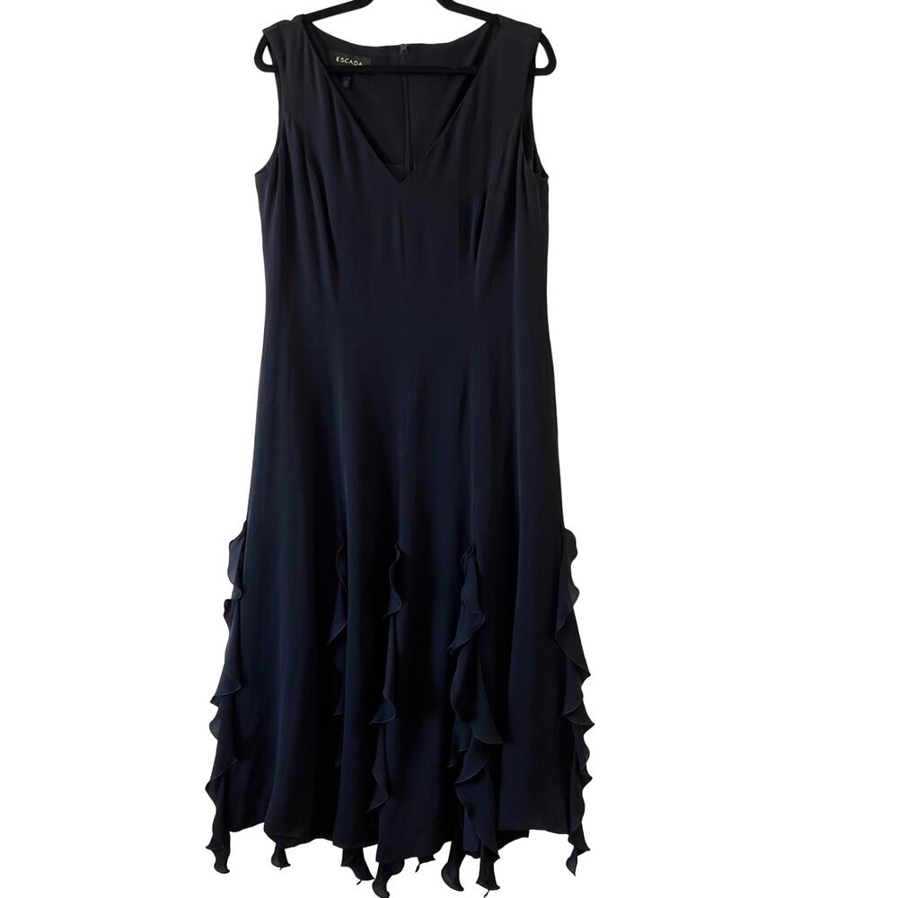 Escada Black Silk Ruffle Fringe V Neck Maxi Dress Formal Gown Womens 42 Large